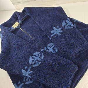 RARE WOOLRICH FLEECE HALF ZIPPER NAVY BLUE MEN'S SIZE LARGE SNOWFLAKES POCKETS..
